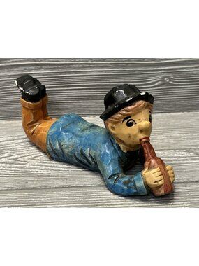 Hand Painted Distressed Ceramic Figurine Hobo Man with Bottle Midcentury 8”